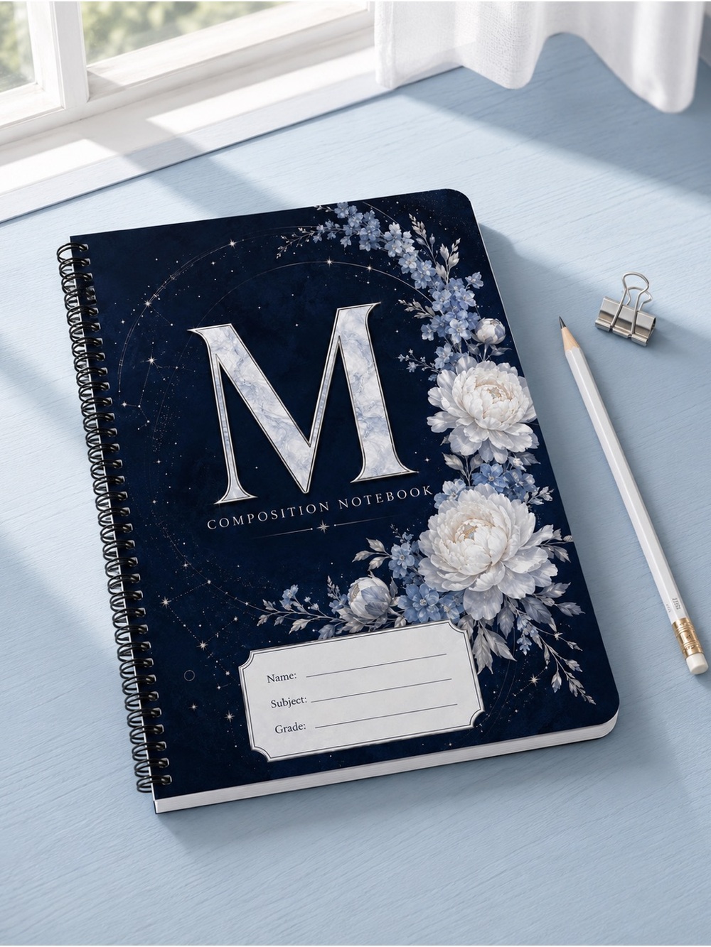 Personalized Monogram M Floral Celestial Spiral Notebook